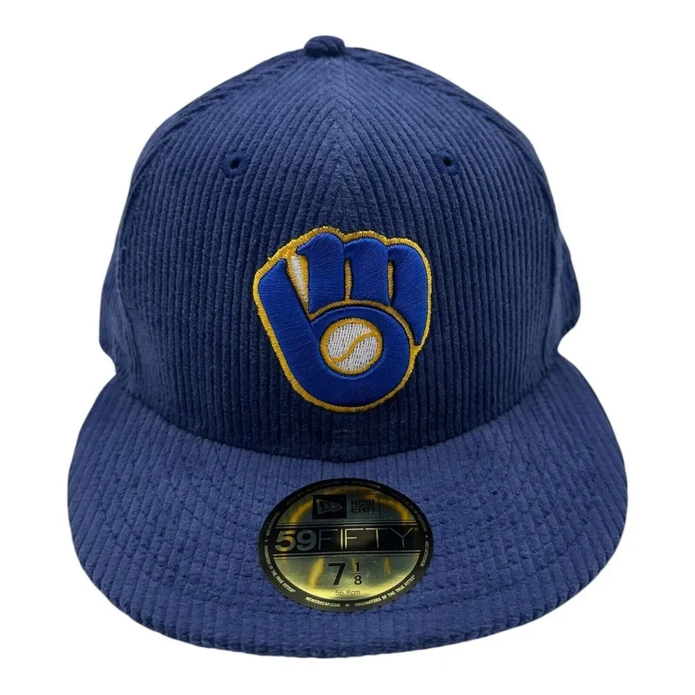 New Era 59Fifty Milwaukee Brewers Hat Cap 7 1/8 Royal Blue Corduroy MLB Baseball